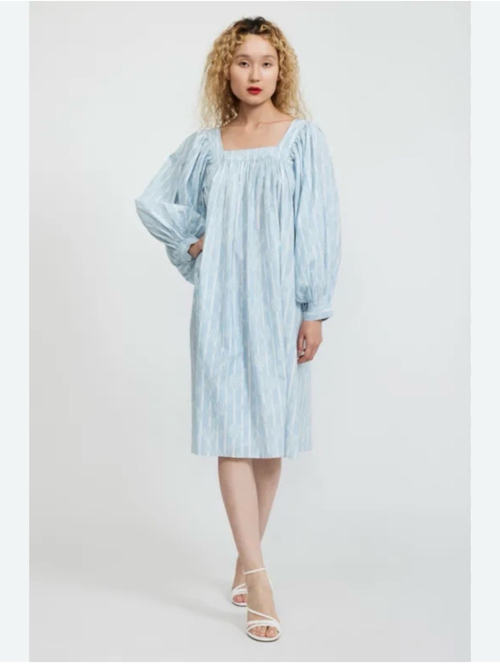 Batsheva Light Blue Square-Neck Midi Dress with Puff Sleeves
